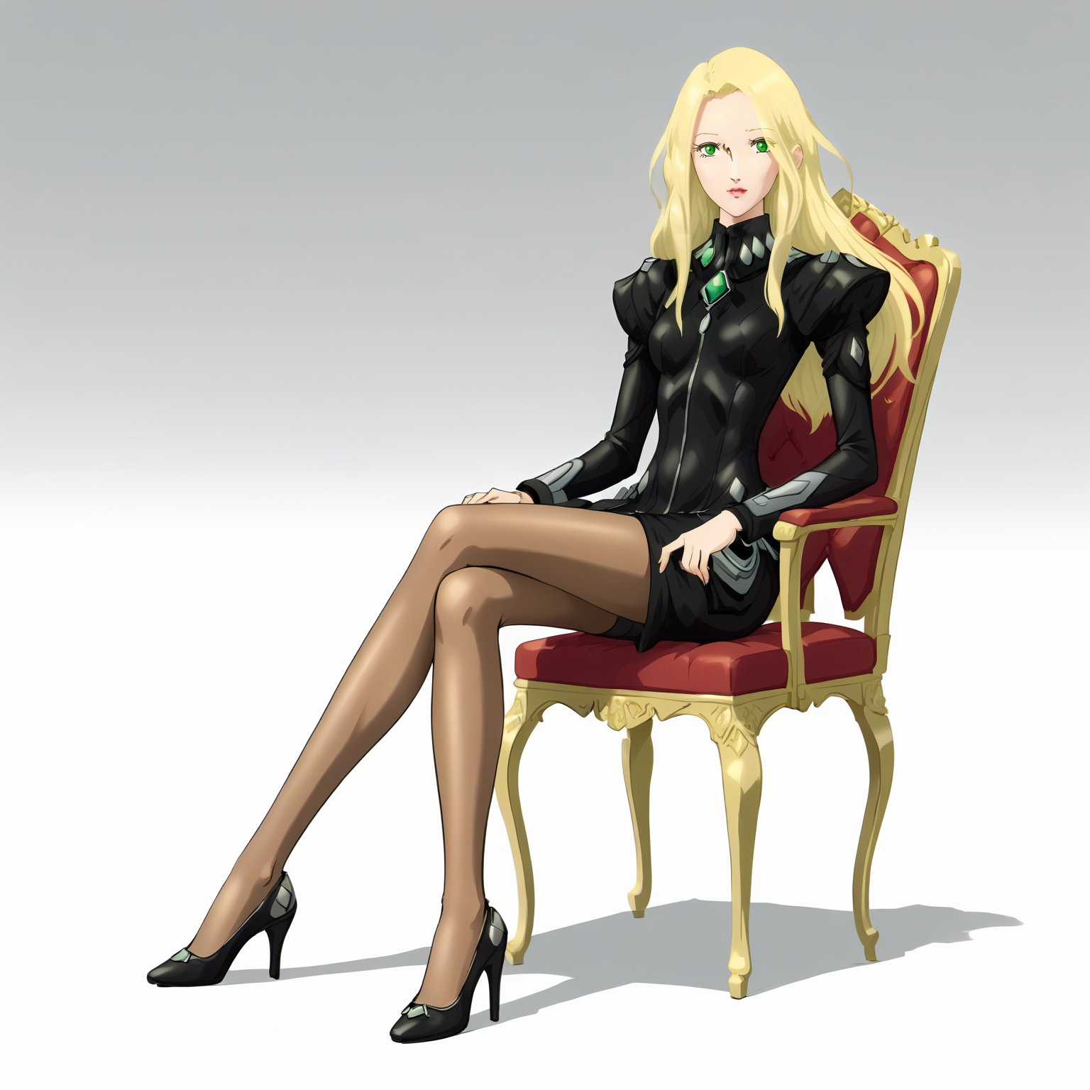 <lora:FatimaPasitheaXLpony002>,solo,FatimaPasithea,1girl,blonde hair,long hair,green eyes,black body suit,black dress,brown pantyhose,high_heels,full body,sitting,chair,