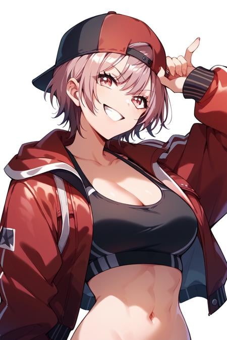 score_9, score_8_up, score_7_up, score_6_up, 1girl, <lora:Weronika:0.9> weronika, solo, hat, backwards hat, breasts, cleavage, smile, red jacket, jacket, short hair, baseball cap, navel, grin, upper body, open jacket, black sports bra, abs,