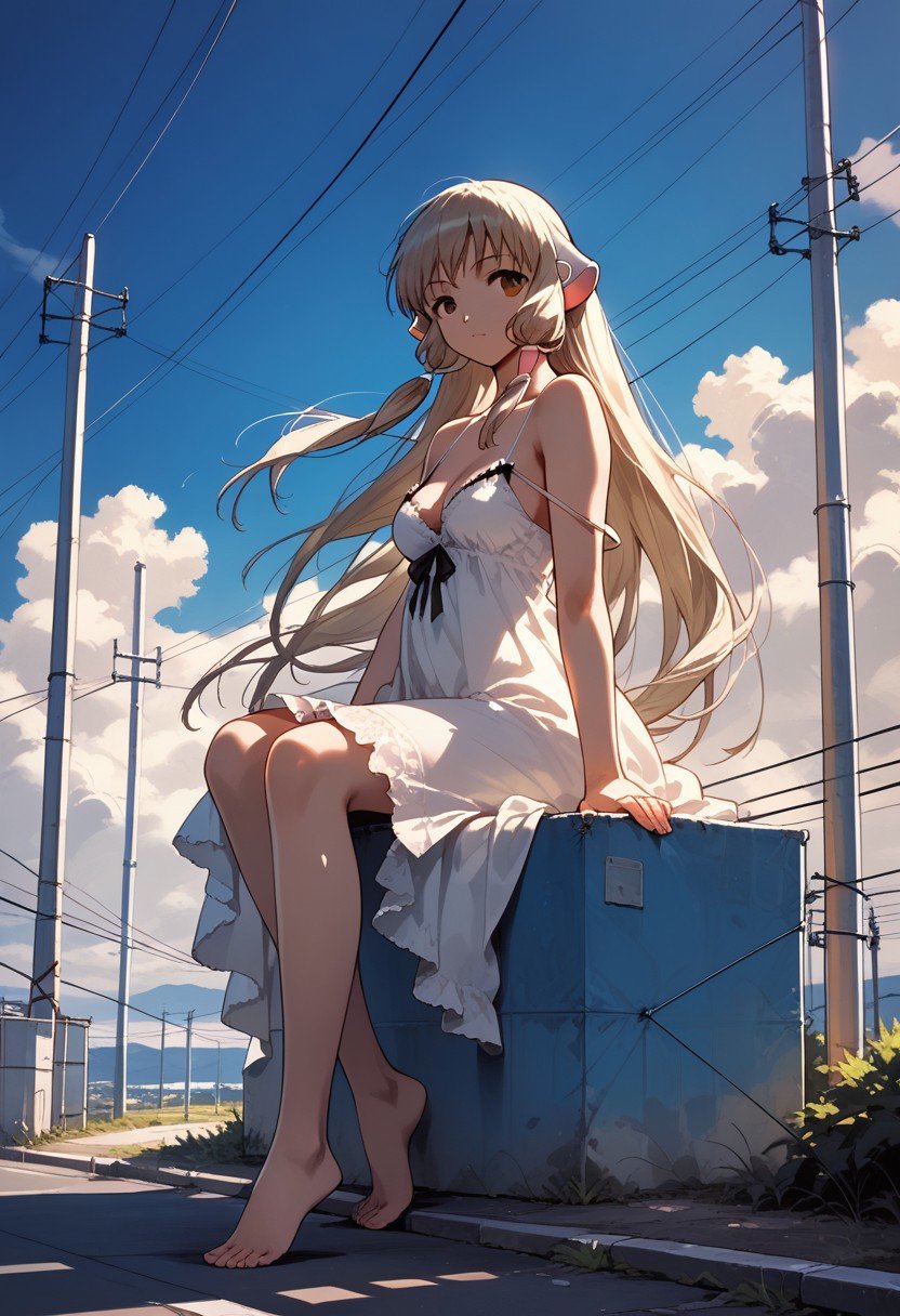 score_9,score_8_up,score_7_up,source_anime, Chii (Chobits),1girl,solo,looking at viewer,dress,ribbon,bare shoulders,sitting,underwear,full body,outdoors,sky,barefoot,day,cloud,white dress,from side,feet,strap slip,cable,power lines,utility pole,chemise,