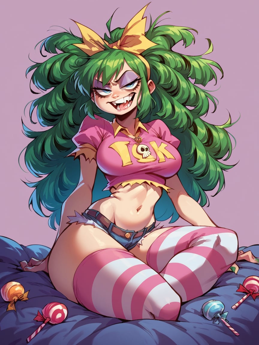 score_9, score_8_up, score_7_up, score_6_up,  <lora:sk0tt13yXLP:1> sk0tt13y, 1gir, curvy, long hair, large breasts, green hair, candy