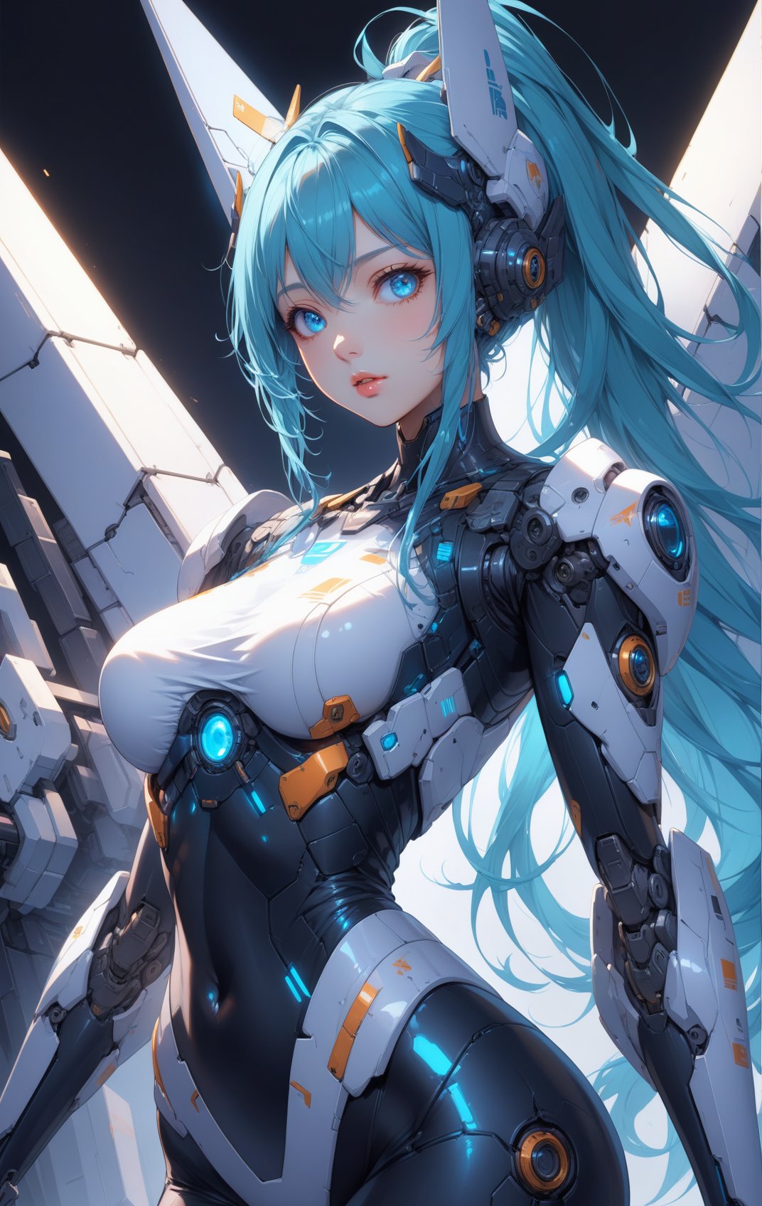 masterpiece, best quality,1girl, solo, mechanical wings, blue eyes, wings, looking at viewer, long hair, covered navel, blue hair, bodysuit, medium breasts, mecha musume, lips, ponytail, bangs, aqua hair, skin tight, parted lips, headgear,highres, 4k, 8k, intricate detail, cinematic lighting, amazing quality, wallpaper <lora:aesthetic_anime_v1s:1>