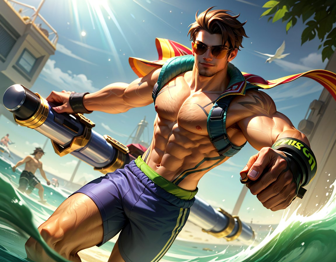 (masterpiece, best quality,top quality),(wide shot:0.95),league of legends,Dynamic angle,solo,1man,male focus,handsome face,young man,swim_trunks,muscular,pectorals,chest hair,looking at viewer,brown hair,depth_of_field,particle effects,<lora:【moba】lol淘宝款:0.8>,over the sea,sunlight,water gun,sunglasses,