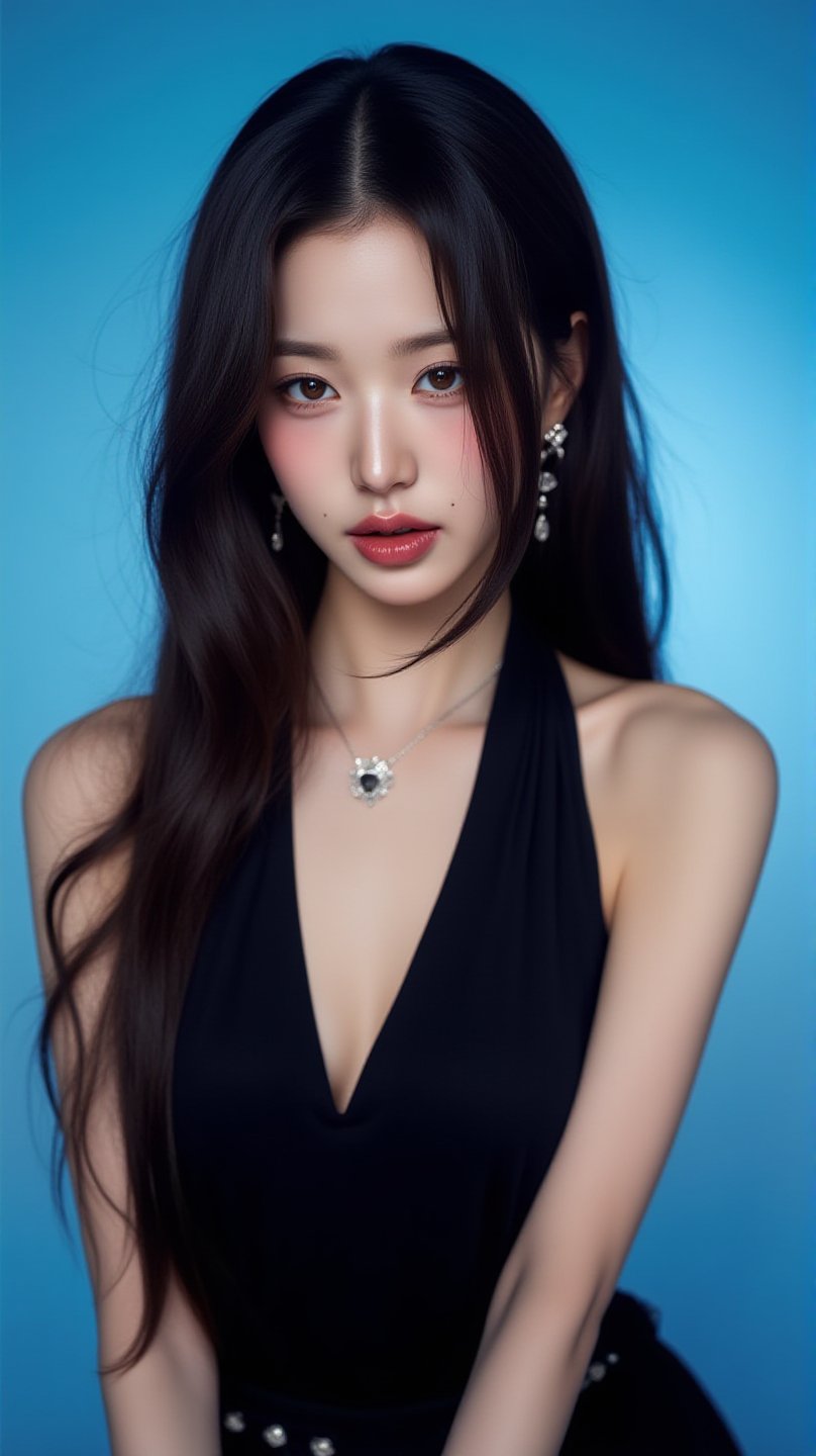 [77][24_94]Against a soft, true gradient blue background, a stunning real large breasts Japanese woman with long, flowing dark hair, her piercing gaze directly addressing the viewer. jewelry, earrings, necklace, cleavage, dress, looking at viewer, black dress, lips, blurry background, solo focus, blurry, blue eyes, upper body, sleeveless, bare shoulders, realistic, sleeveless dress, plunging neckline , <lora:flux-RealismLora :0.8>, <lora:EmmaFluxV2:1>, 