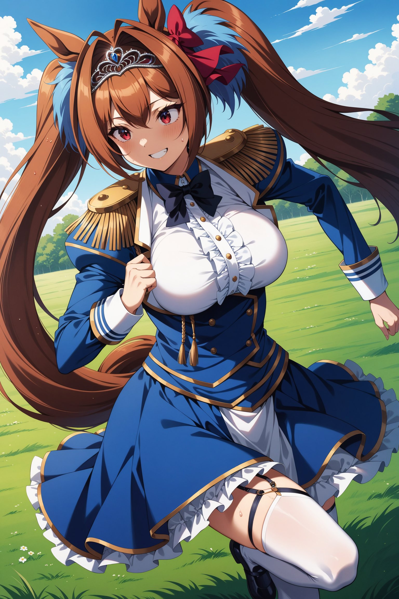 (masterpiece, best quality, very aesthetic, ultra detailed), intricate details, 4k, anime style, aadaiwa, long hair, twintails, hair bow, animal ears, tiara, horse tail, blue bowtie, epaulettes, framed breasts, underbust, center frills, blue dress, long sleeves, layered skirt, garter straps, white thighhighs, <lora:daiwa_scalet_XL_v1:0.9>, running, sweat, smile, grass, smile,  looking at another, from side