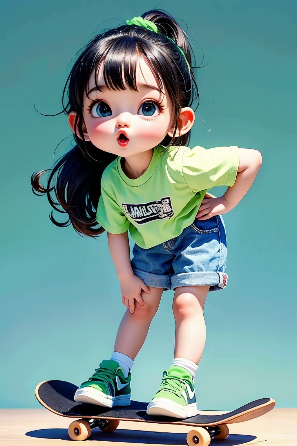 <lora:cka01:0.8>,cka01,1girl,solo,shirt,jewelry,shorts,ponytail,black hair,long hair,shoes,skateboard,black eyes,full body,scrunchie,socks,denim,short sleeves,child,bangs,simple background,t-shirt,green shirt,female child,standing,leaning forward,blue shorts,denim shorts,print shirt,sneakers,white socks,open mouth,, best quality, ultra-detailed, masterpiece, finely detail, highres, 8k wallpaper