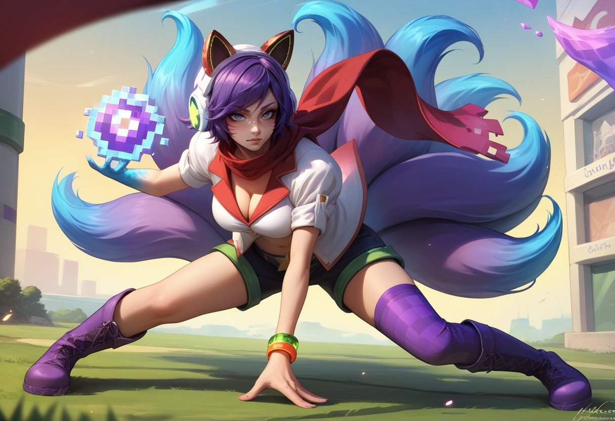 score_9, score_8_up, score_7_up, 1girl, solo, full body, outdoors, Ahriarcade, animal ear headphones, fox tail, multiple tails, facial mark, mole under eye, short hair, purple hair, blue eyes, blue hand, large breasts, red scarf, short sleeves, striped clothes, shirt, cleavage, bracelet, jewelry, midriff, Navel, belt, shorts, thighhighs, asymmetrical legwear, single thighhigh, star (symbol), <lora:Ahri_Arcade_pdxl_Incrs_v1:1>, purple boots, energy ball, dynamic pose, stance, leaning forward, 