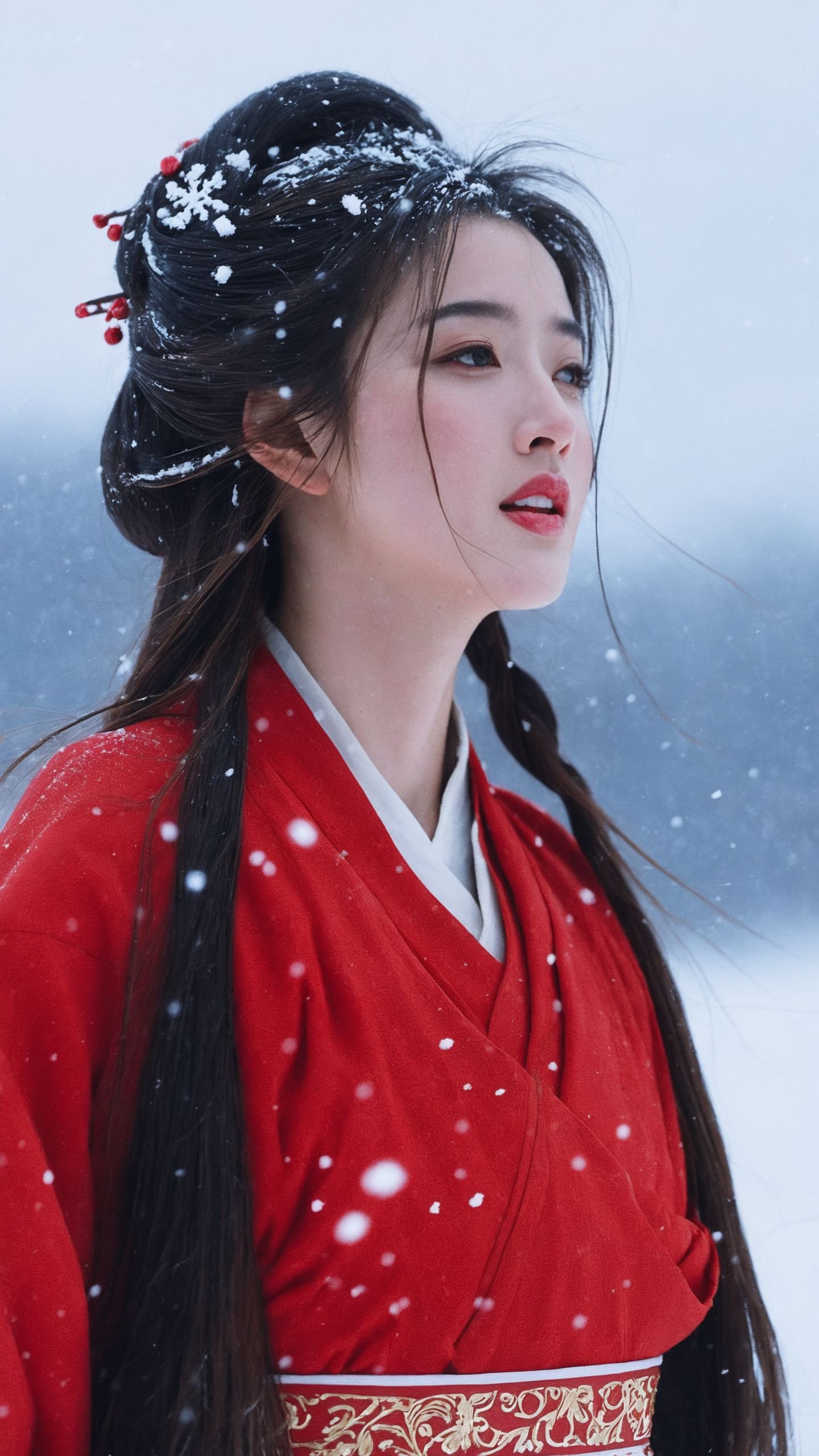 cinematic photo,Best quality,(masterpiece:1.2),cinematic photo,1girl,A beautiful girl in red hanfu,Standing in the wind andsnow,long hair blown by the wind,snow in the sky,upperbody,snowing,snowy day,in winter,close-up,(close mouth:1.1),front view,35mm photograph,film,professional,4k,highly detailed,