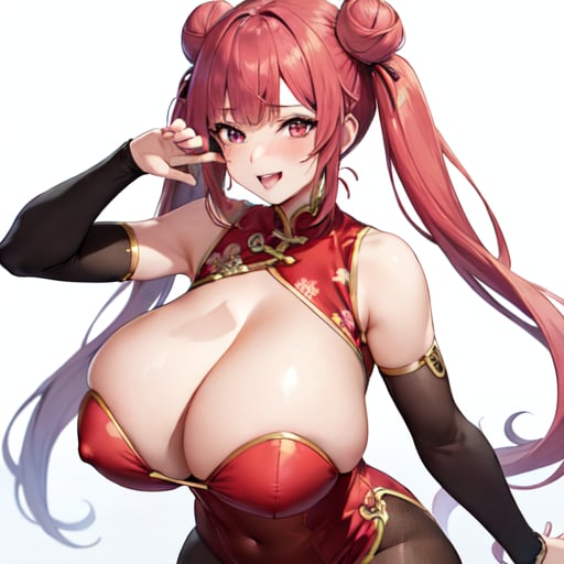 1girl, solo, original, chinese clothes, red dress, brown bodysuit, brown pantyhose, cleavage, cleavage cutout, bare shoulders, detached sleeves, red eyes, pink eyes, streaked hair, long hair, twintails, cone hair bun, huge breasts, curvy, thick thighs, bouncing breasts, seductive smile, naughty face, lewd, sexy, hot, glamorous, blunt bangs, standing, cleft of venus, white background, simple background, anime screencap, anime coloring, key visual, studio anime, standing, 