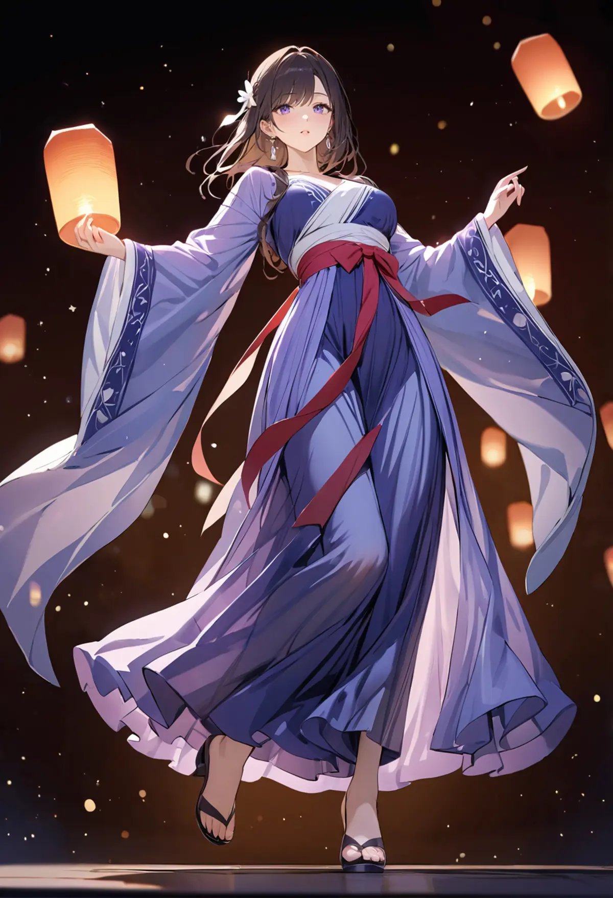 ,ruanyi0799,lantern,glowing,night sky,1girl,solo,hanfu,full body,dancing,,ruanyi0752,hanfu,purple dress,see-through,wide sleeves,from below,<lora:0799 Kongming lantern_xl_v1:1>,<lora:0752 Wisteria butterfly hanfu_v1_pony:0.8>, masterpiece,best quality,ultra detailed,8K,super fine illustration,highly detailed beautiful face and eyes,perfect anatomy,professional lighting,