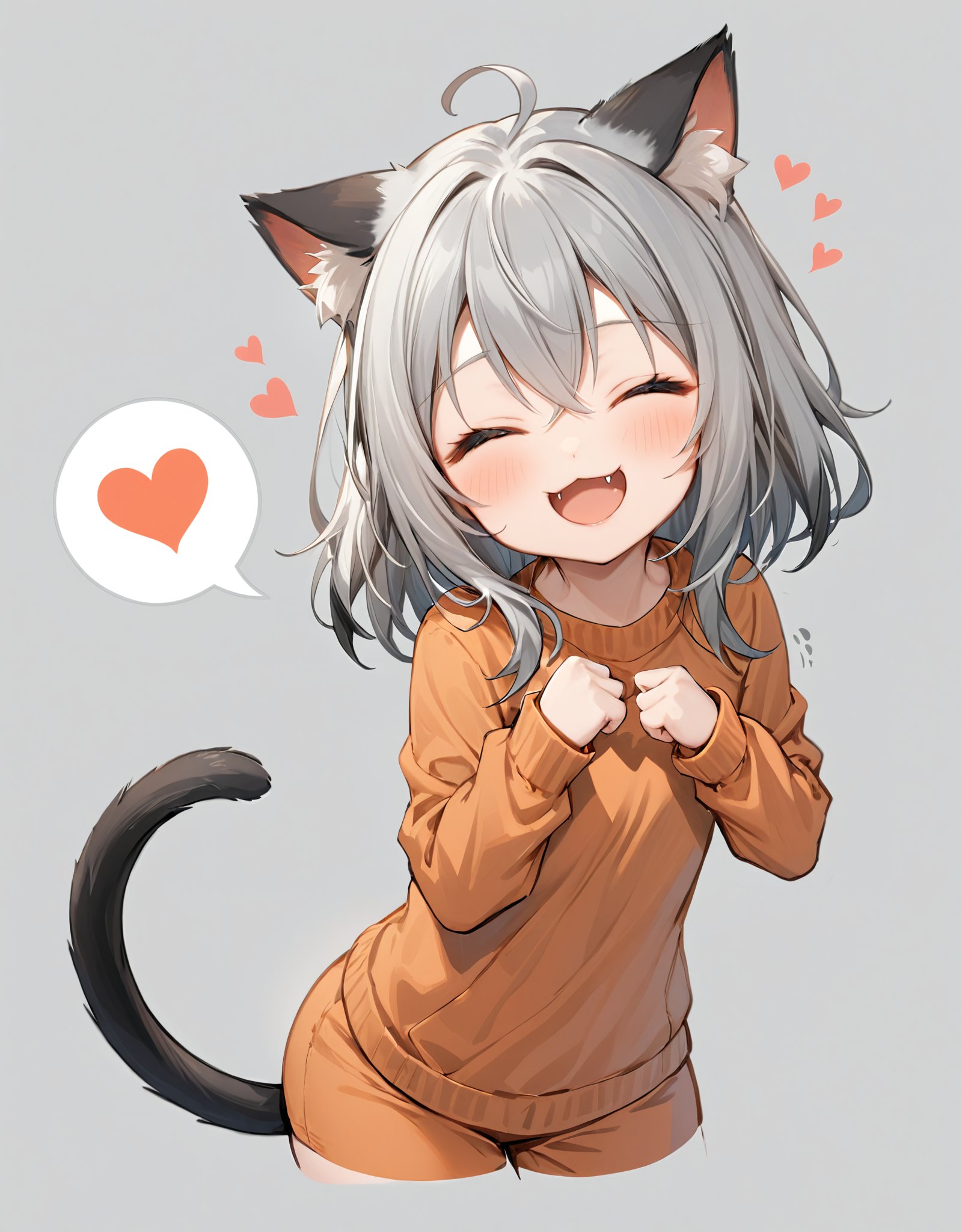 highres,best quality, !,!!, 1girl, :3, :d, animal ears, blush, cat ears, cat girl, cat tail, closed eyes, fang, grey background, grey hair, hair between eyes, heart, horns, open mouth, orange hair, red eyes, simple background, skin fang, smile, solo, spoken heart, tail