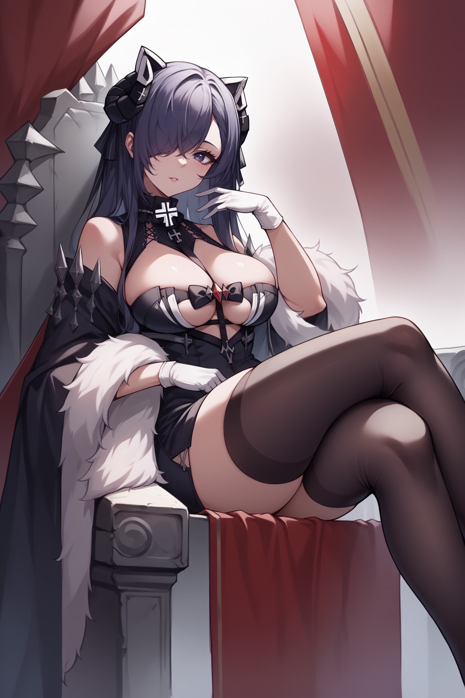 score_9, score_8_up, score_7_up, , rating_general,1girl ,avpsd, hair over one eye, mechanical curled horns, mechanical cat ears, fur trim overcoat, black microdress, clothing cutout, iron cross brooch, (red crest), strap, strap between breasts, white gloves, black thighhighs, high heels, dynamic angle, breast slip , source_anime, <lora:AugustVonParsevalPDCAME AL:1>, sitting on ruin throne, facing viewer, crossed legs, 