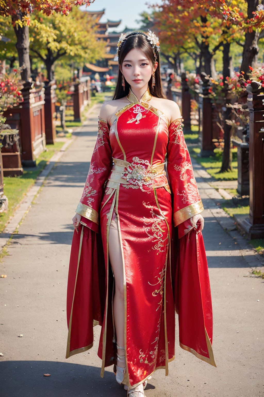 CAFC,1girl,solo,long hair,earrings,jewelry,hair accessories,full body,suburban scenery,east asian,chinese style architecture,