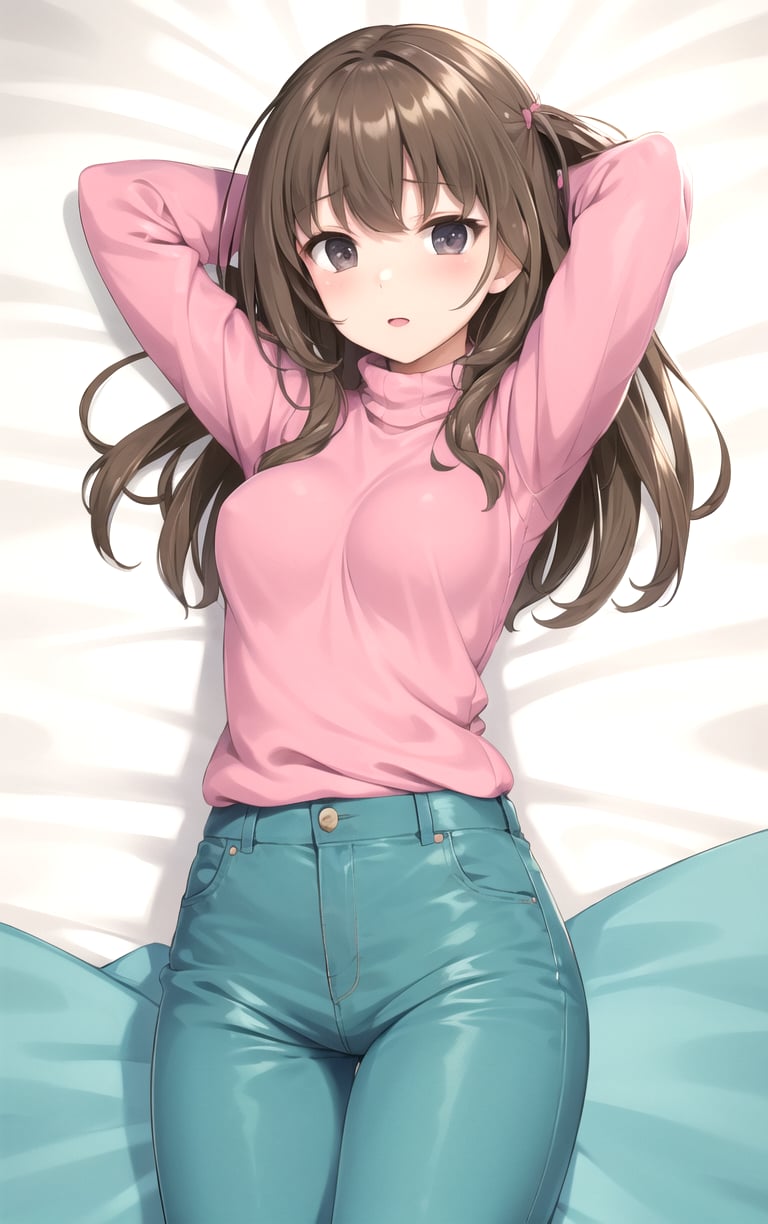 (masterpiece, best quality:1.4), insaneres, absurdres, solo, looking at viewer,BREAK FAP_ARTSTYLE_sasaame_ra_ownwaifu,1girl, black eyes, brown hair, long hair, medium breasts, makeup,long sleeves, sweater, pink jacket, turtleneck, blue pants, formal, (dakimakura \(medium\), solo, arms behind head), on bed, on back, pillow, from above, indoors, <lora:FAP_ARTSTYLE_sasaame_ra_ownwaifu:0.7> , depth of field 