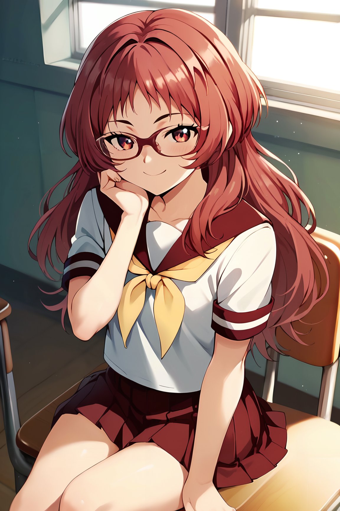 score_9, score_8_up, score_7_up, source_anime, zPDXL2, 1girl, <lora:ai_mie:1>, miewz, red eyes, glasses, red hair, long hair, serafuku, sailor collar, yellow neckerchief, white shirt, school uniform, red skirt, pleated skirt, sitting, school chair, smile, light smile, looking at viewer, stitting, hand on cheek, classroom<lora:sd_xl_dpo_lora_v1:1>