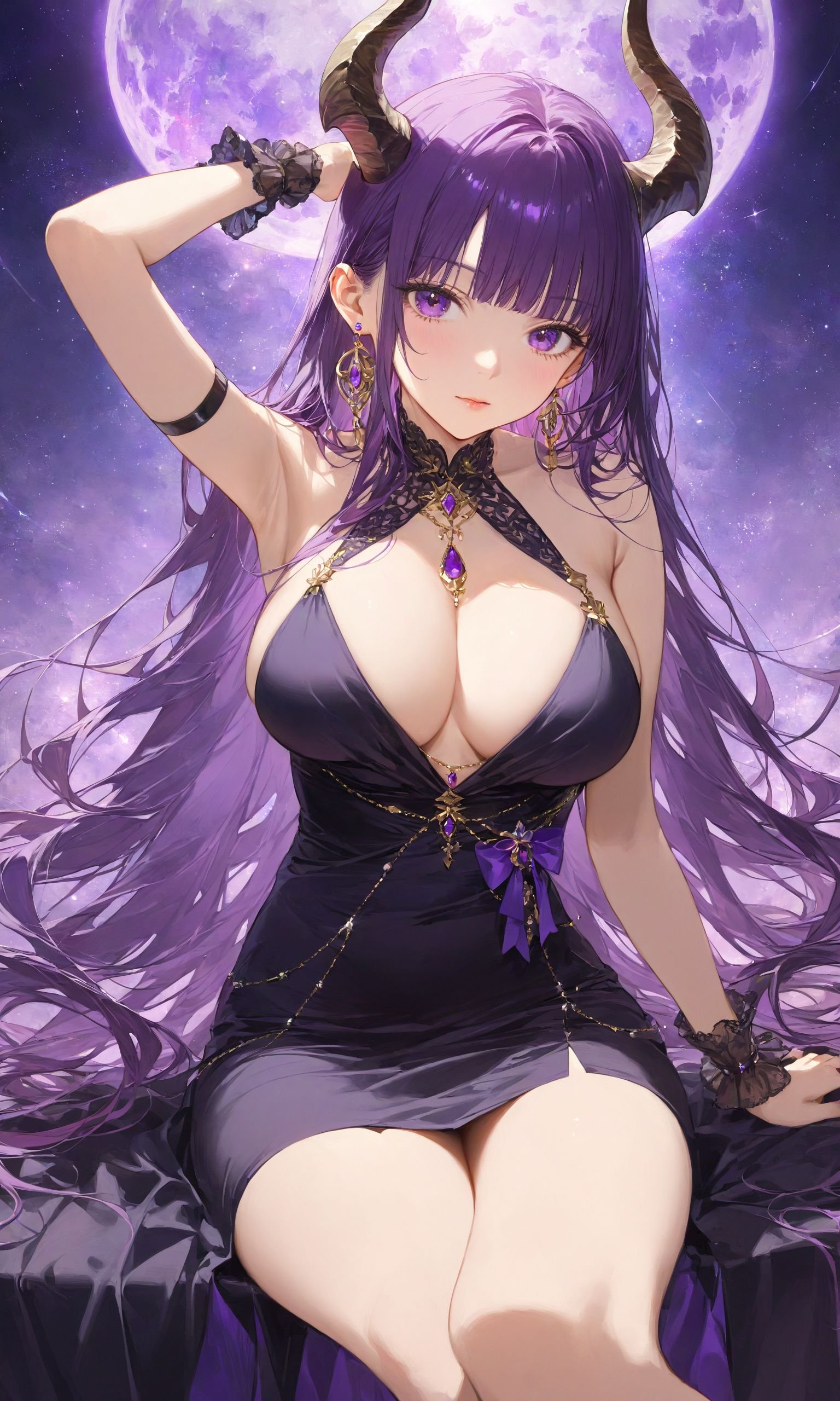 1girl, solo, long hair, breasts, looking at viewer, bangs, large breasts, dress, bare shoulders, jewelry, sitting, very long hair, purple eyes, purple hair, thighs, earrings, horns, sleeveless, black dress, arm up, wrist cuffs,masterpiece, best quality, score_9, score_8_up, score_7_up, ultra-detailed, Best-A, Medium-B, Low-C, Bad-D,