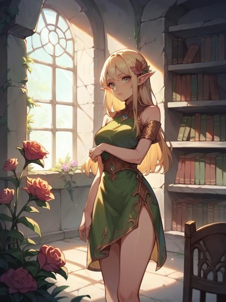 score_9, score_8_up, score_7_up, score_6_up, 1girl, elf, long hair, looking at viewer,  <lora:d3c4yXLP:0.5> d3c4y, overgrown, sunlight, indoors, bookshelf, cowboy shot, ruins, flower, chair