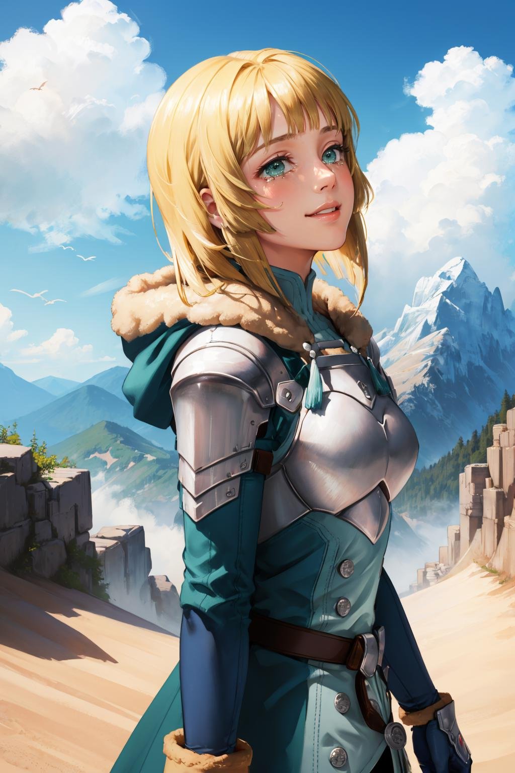 masterpiece, best quality,  <lora:ingrid-nvwls-v2-000009:0.9> hopesingrid, medium hair, bob cut, bangs, shoulder armor, breastplate, green coat, fur trim, gauntlets, blue gloves, belt, upper body, mountains, sky, clouds, from side, looking up, smile, tears in eyes