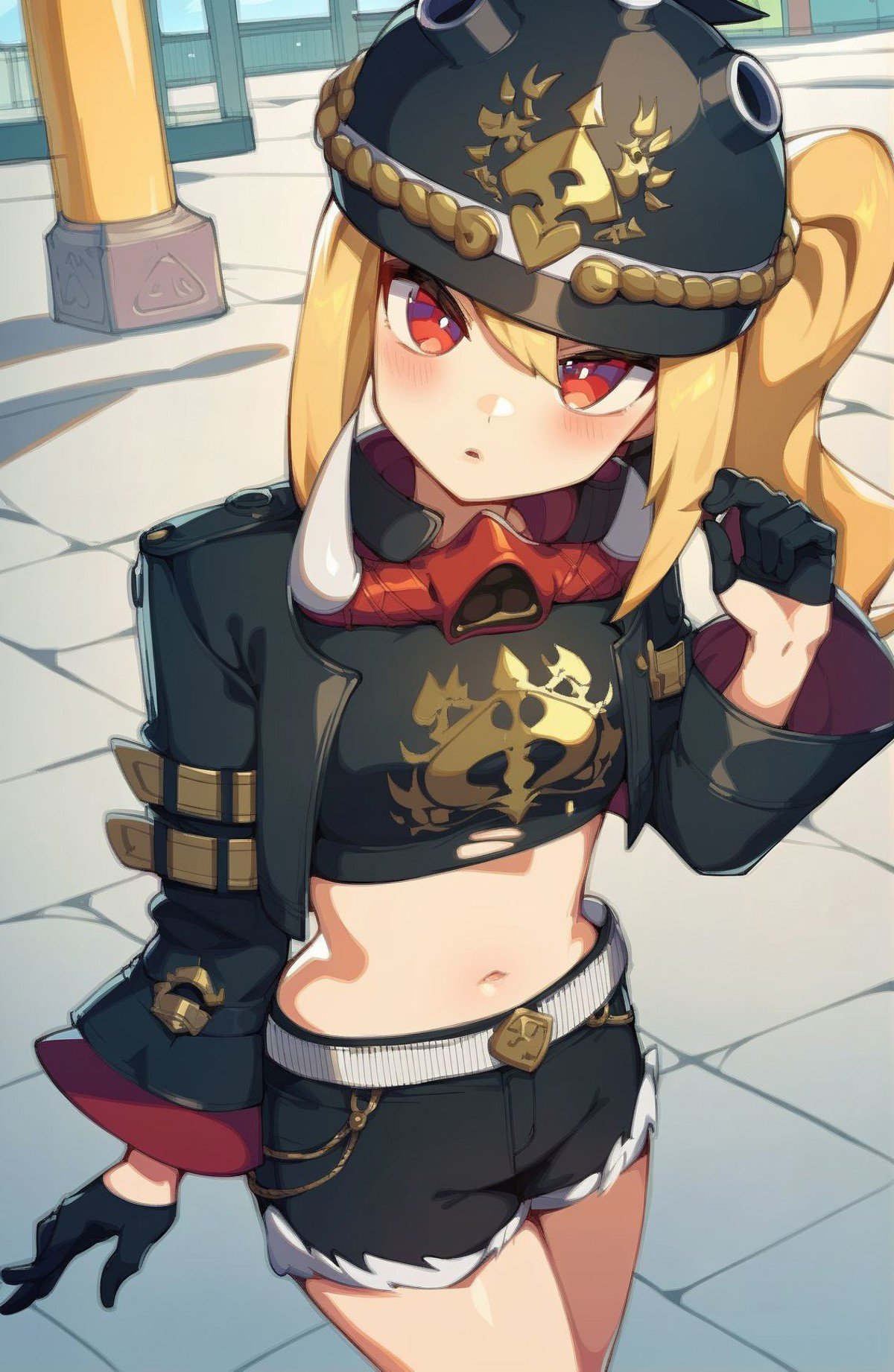 score_9, score_8_up, score_7_up, score_6_up, score_5_up, source_anime, rating_safe, vector, BREAK, 1girl, lucyzzz, black headwear, blonde hair, crop top, hat, helmet, long hair, looking at viewer, midriff, navel, red eyes, black shorts, solo, spade \(shape\), leather jacket, gloves, pouty lips,  blush, side ponytail, from above, city background <lora:lucyzzzXL-fine:1.1>