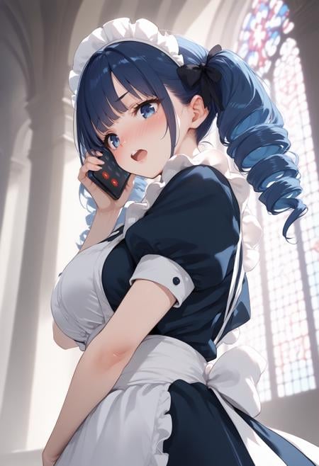 score_9, score_8_up, score_7_up, source_anime,1girl,solo,large breasts, maid headdress, maid, talking on phone ,smartphone, <lora:talkingonphone_Pony_v1:0.8>from below, upper body, looking back, blue hair, blue eyes,full face blush, in church dark, open mouth, twin drills hair,,