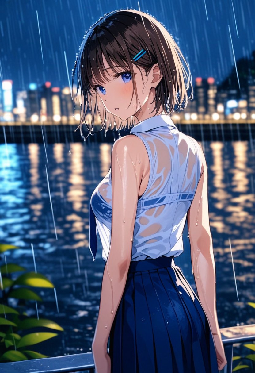 <lora:BLE 0.5v:1>, BLE, best quality, masterpiece, detailed background,1girl, skirt, wet clothes, wet, solo, rain, blue eyes, outdoors, looking at viewer, pleated skirt, shirt, short hair, brown hair, hair ornament, hairclip, sleeveless, see-through, looking back, parted lips, blue skirt, blurry, bangs, wet shirt, bob cut, necktie, white shirt, breasts, night, bare shoulders, blurry background, from behind, shirt tucked in, blue necktie, bra, water, standing, collared shirt, cowboy shot, sleeveless shirt, medium breasts, school uniform, underwear, bare arms, wet hair, depth of field, arms at sides, cityscape, 