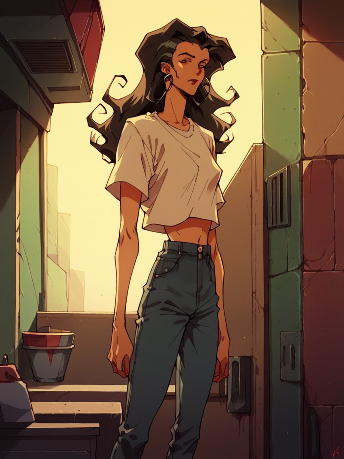 score_9, score_8_up, score_7_up, score_6_up, score_5_up,  <lora:aeoxFluxXLP:1> aeox flux, retro artstyle, 1girl, jeans, t-shirt, long hair, solo