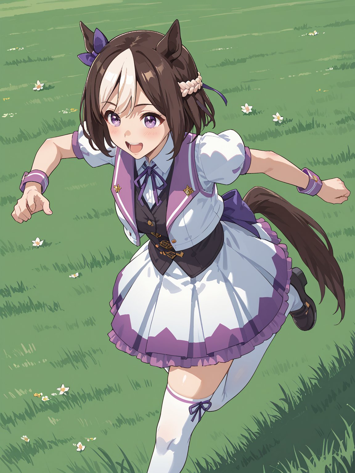 <lora:Special_Week_v1.0_Cibitai:0.7>,special week,horse ears, horse tail, purple eyes,hair bow, short hair, crown braid, brown hair, two-tone hair,multicolored hair,white open jacket,vest, skirt, white thighhighs, puffy sleeves,grass,running,1girl,, score_9, score_8_up, score_7_up,source_anime