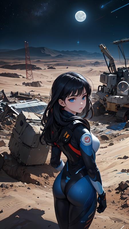 (masterpiece, best quality:1.2), 1girl, solo, black hair, blue eyes, tight space suit, concentrated look, look at the view, front body, damaged, destruction, lunar exploration, excavating machines, stars, (laser terrain delimitation:1.2), (no trespassing tapes:1.1), moon, the earth from afar,, <lora:detail_slider_v4:1.1>