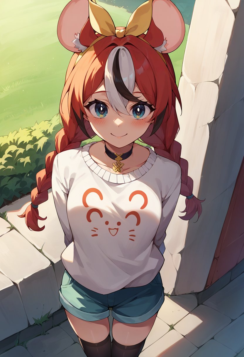 score_9, score_8_up, score_7_up, source_anime, BaelzStrawberry, twin braids, choker, white sweater, shorts, black thighhighs, smile, blush, arms behind back, from above, outdoors, <lora:HakosBaelzPDXL-000009:1>