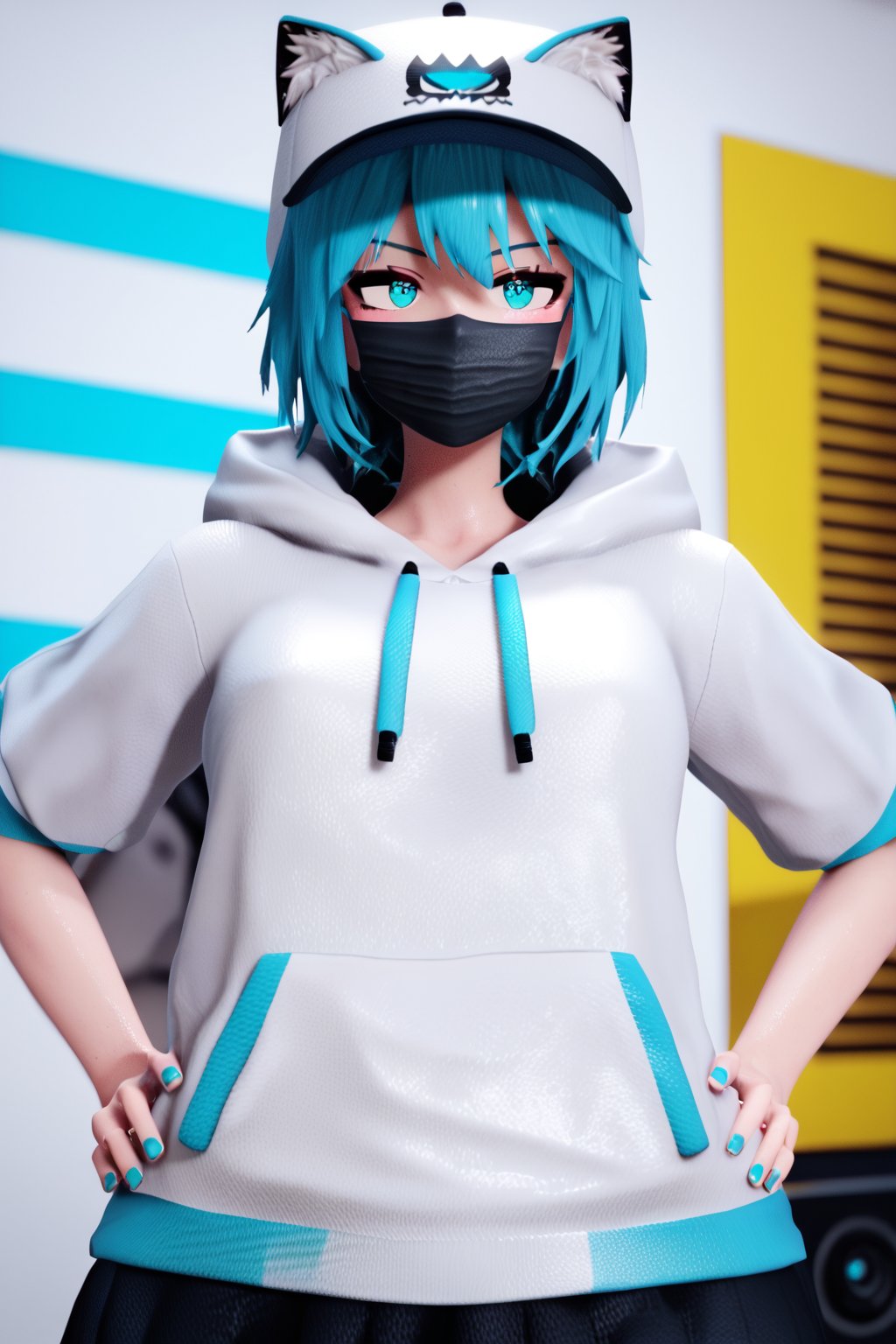 score_9, score_8_up, score_7_up, nyakumi, 3d, 1girl, tomboy, hat, white hooded_jacket, black skirt, cat_ears, face mask, cyan hair, shor hair, cyan eyes, hands on hips, front view, upper body, bedroom, detailed background<lora:EMS-434230-EMS:1.000000>