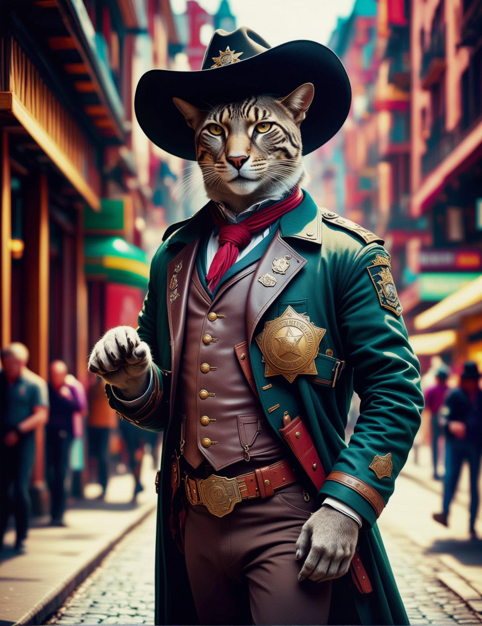 Wide angle photorealistic raw photography, (Solo figure in Sheriff Wild West Badge:1.3), Off-center composition, Standing pose, (Long-sleeved attire:1.2), Historic Trams in European Cities setting, Artistic whisker details, Casual yet captivating.<lora:Human Cat XL-09:1>(hmnzct Sarkastodon:1.3),