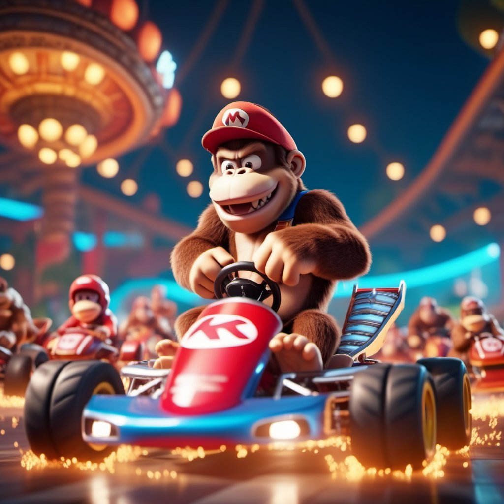 cinematic photo Donkey Kong driving a karting, fantasy world  . 35mm photograph, film, bokeh, professional, 4k, highly detailed  <lora:Mario1024-000200:0.6> <lora:add-detail-xl:1.5>