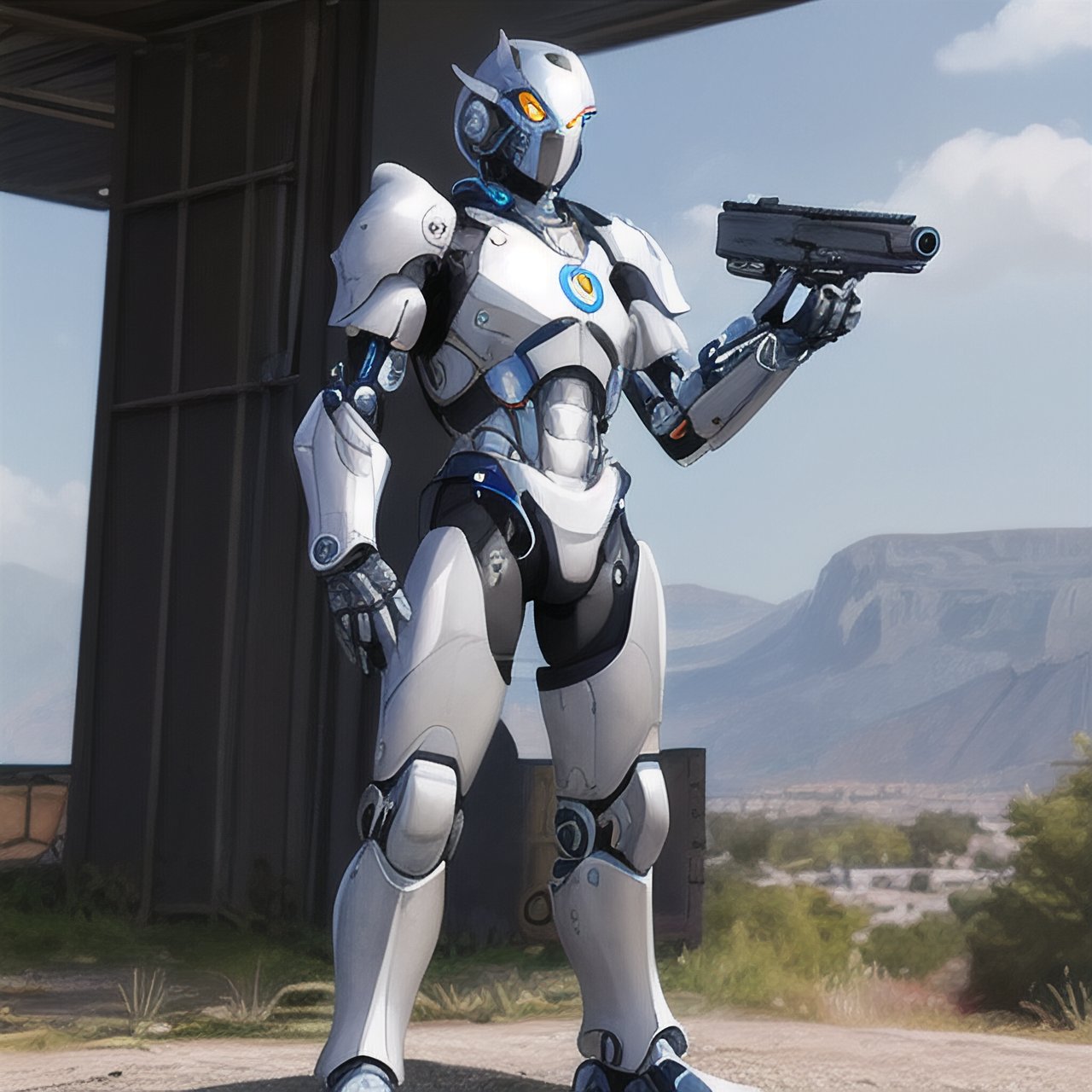 masterpiece, best quality, ultra detailed, A cybernetically augmented soldier in a full-body armor suit, armed with a laser rifle, standing in a futuristic battlefield. --ar 16:9 --s 1250 --uplight --q 2