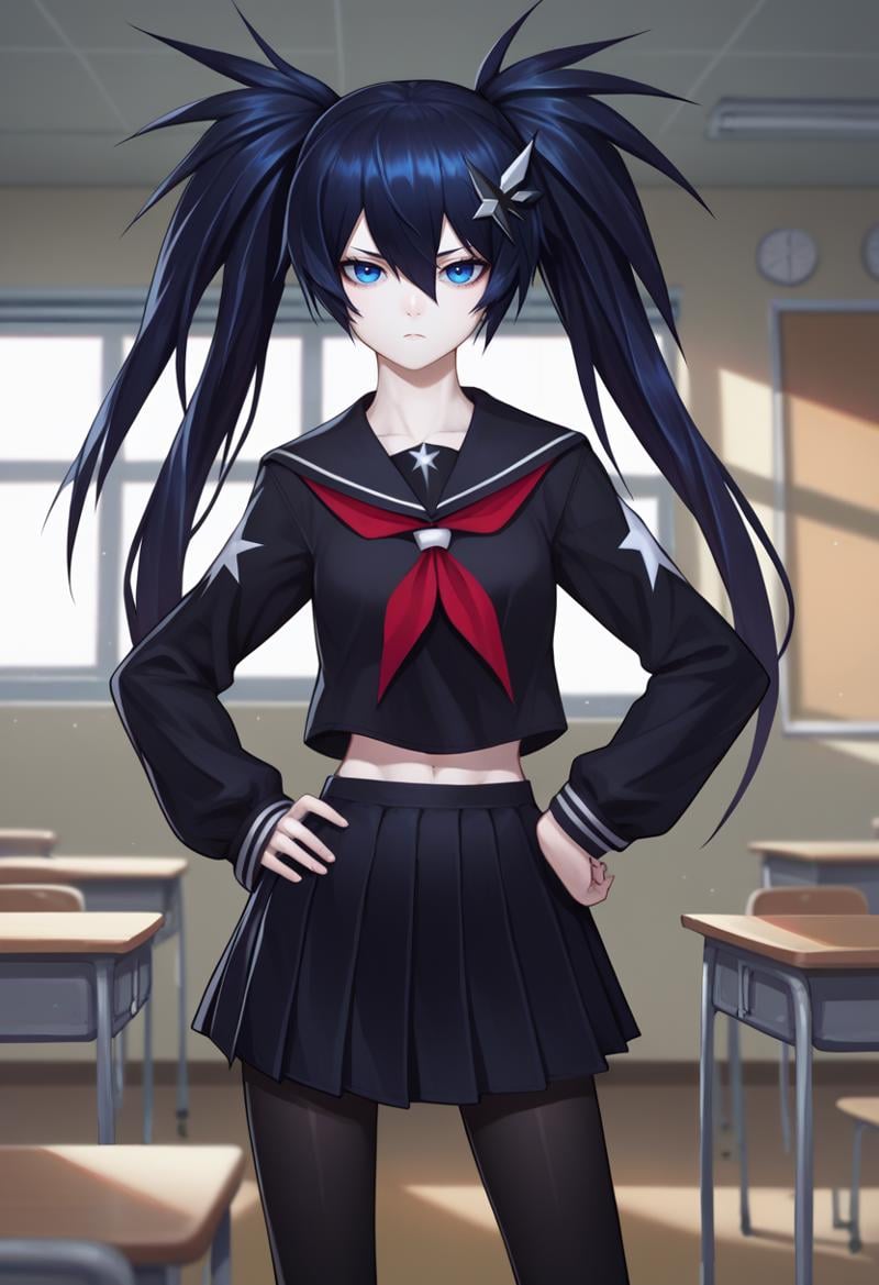 score_9, score_8_up, score_7_up, source_anime, solo, 1girl, blackrockshooter, pale skin, expressionless, looking at viewer, standing, hand on own hip, twintails, school uniform, black serafuku, black shirt, red neckerchief, long sleeves, black skirt, pleated skirt, black pantyhose, indoors, classroom <lora:blackrockshooter_blackrockshooter_ponyXL:1>