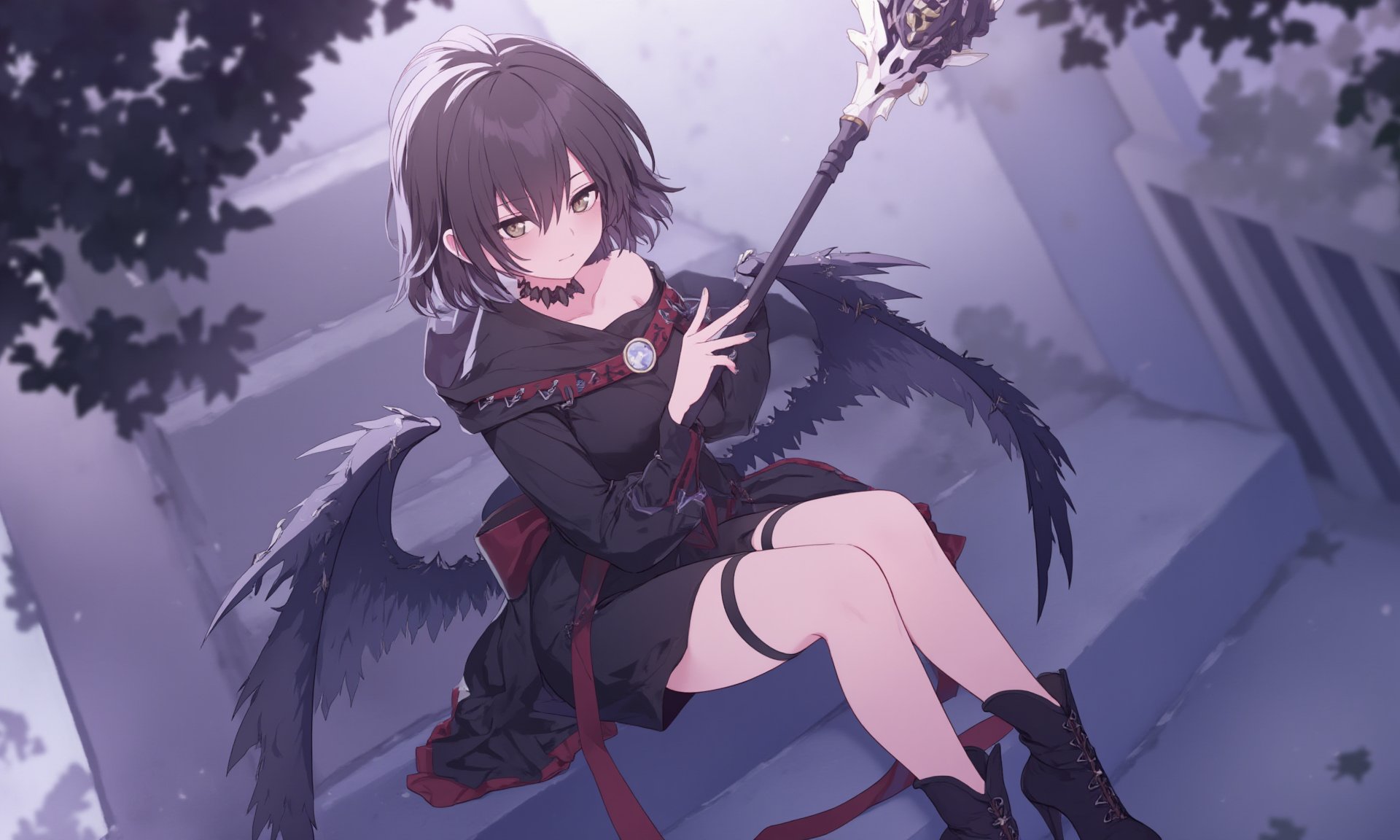 1girl,    o-ring choker, breasts, short hair, high heels, o-ring, sitting, looking at viewer, long sleeves, holding staff, black wings, black dress, hood, parted lips, side slit, brown eyes, brown belt, fingerless gloves, brown hair, hood down, stairs, sitting on stairs, holding, solo, dress, magic, short dress, large breasts, black choker, wings, staff, choker, gloves, feathered wings, thigh strap, boots, belt <lora:BastylrV2:1>