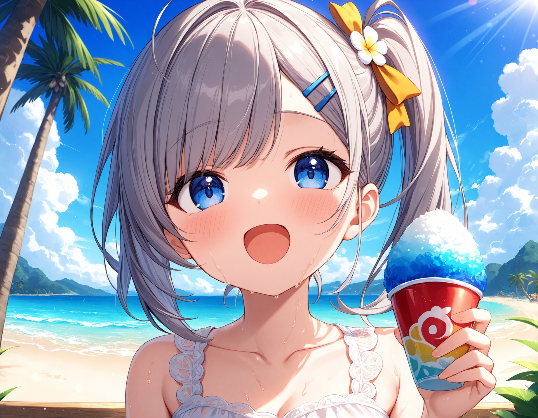 Depth of field. Upper body shot. Face focus. Cinematic angle. A cute girl. Solo. :D. Open mouth. Sweaty. Eating shaved ice. Looking at viewer. (Round face:1.1). Detailed dark-blue eyes. Tareme. Detailed body. Medium breasts. Medium hair. (Side ponytail:1.1). Ribbon hair ornament. (Gray hair). (Gray inner hair). Aoge. Asymmetrical bangs. (White chiffon sundress:1.05). Beach. Palm tree. (Daytime:1.2). (Sunbeam:1.4). Cute style. Intricate details. Extremely detailed. Outstanding intricacies. (Masterpiece:1.2). (Best quality:1.2). (Absurdres absolutely resolution:1.4).