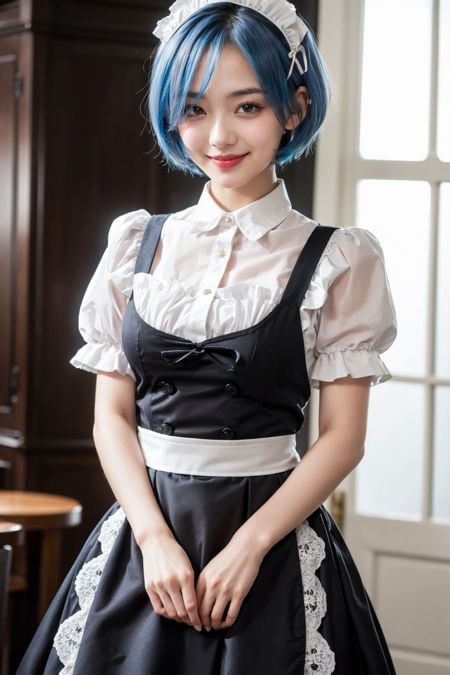 (rem,maid, re zero), (short blue hair, (hair over one eye)), smile,, , masterpiece, (best quality:1.2), [:intricate details:0.2],