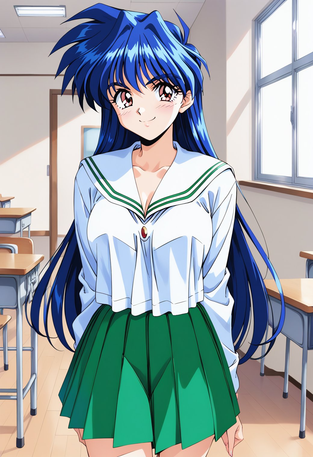 1girl, solo, cowboy shot, classroom, smile, retro artstyle, 1990s \(style\), arai_kiyomi, brown eyes, blue hair, long hair, school uniform, serafuku, white shirt, long sleeves, white sailor collar, pleated skirt, green skirt, <lora:Graduation_arai_kiyomi_pony_ver1:0.8>, score_9, score_8_up, score_7_up, BREAK source_anime, best quality, masterpiece, uncensored,