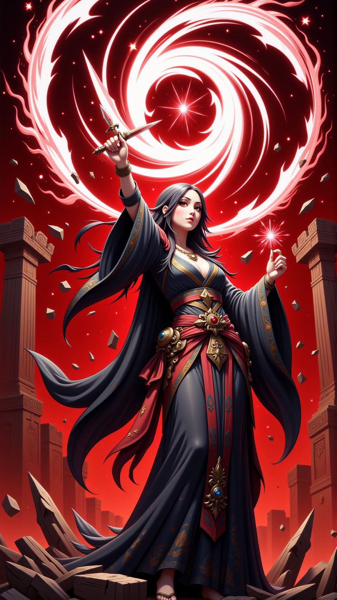 Illyria, a statuesque, raven-haired queen, stands atop a crimson-drenched, ancient ruin, clad in ornate, tattered robes that billow behind her like dark clouds. Her eyes burn with an otherworldly energy as she summons a swirling vortex of ethereal tendrils, which coalesce into a shimmering, crystal scimitar that crackles with eldritch power. With a regal flourish, Illyria raises the blade to the blood-red sky, unleashing a thunderous blast of arcane force that shatters the surrounding stones, sending shards of ancient history tumbling down around her.