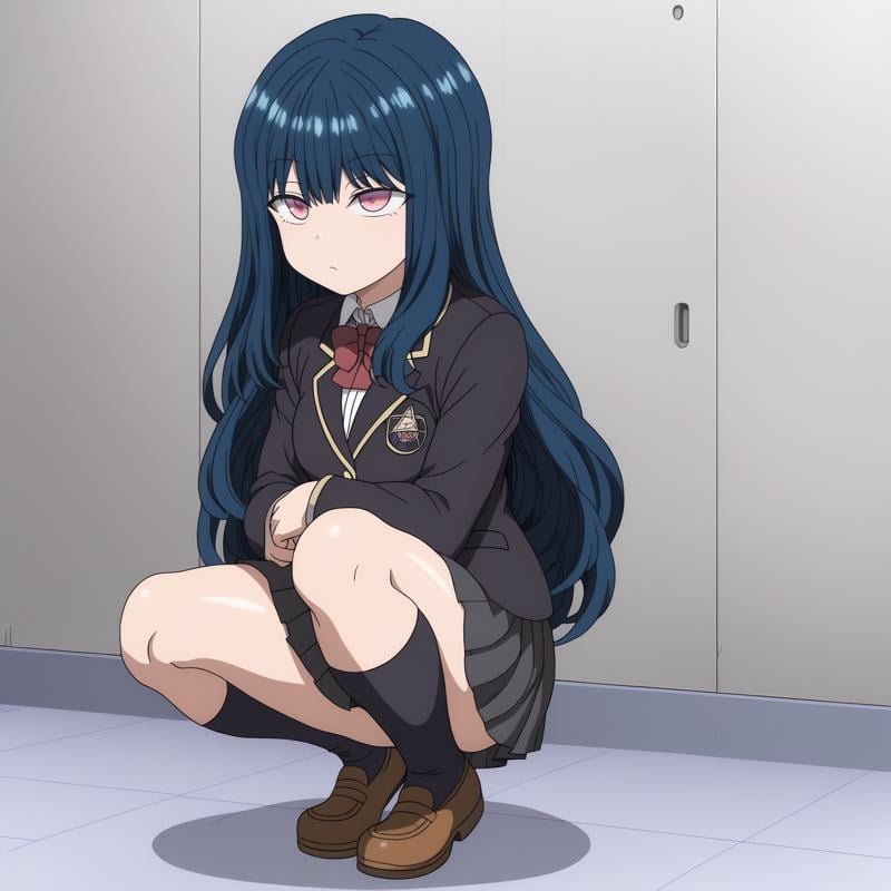 <lora:YuuNozakiXLpony001>,solo,YuuNozaki,1girl,blue hair,long hair,pink eyes,school_uniform,black blazer,pleated_skirt,black skirt,black socks,full body,squatting,