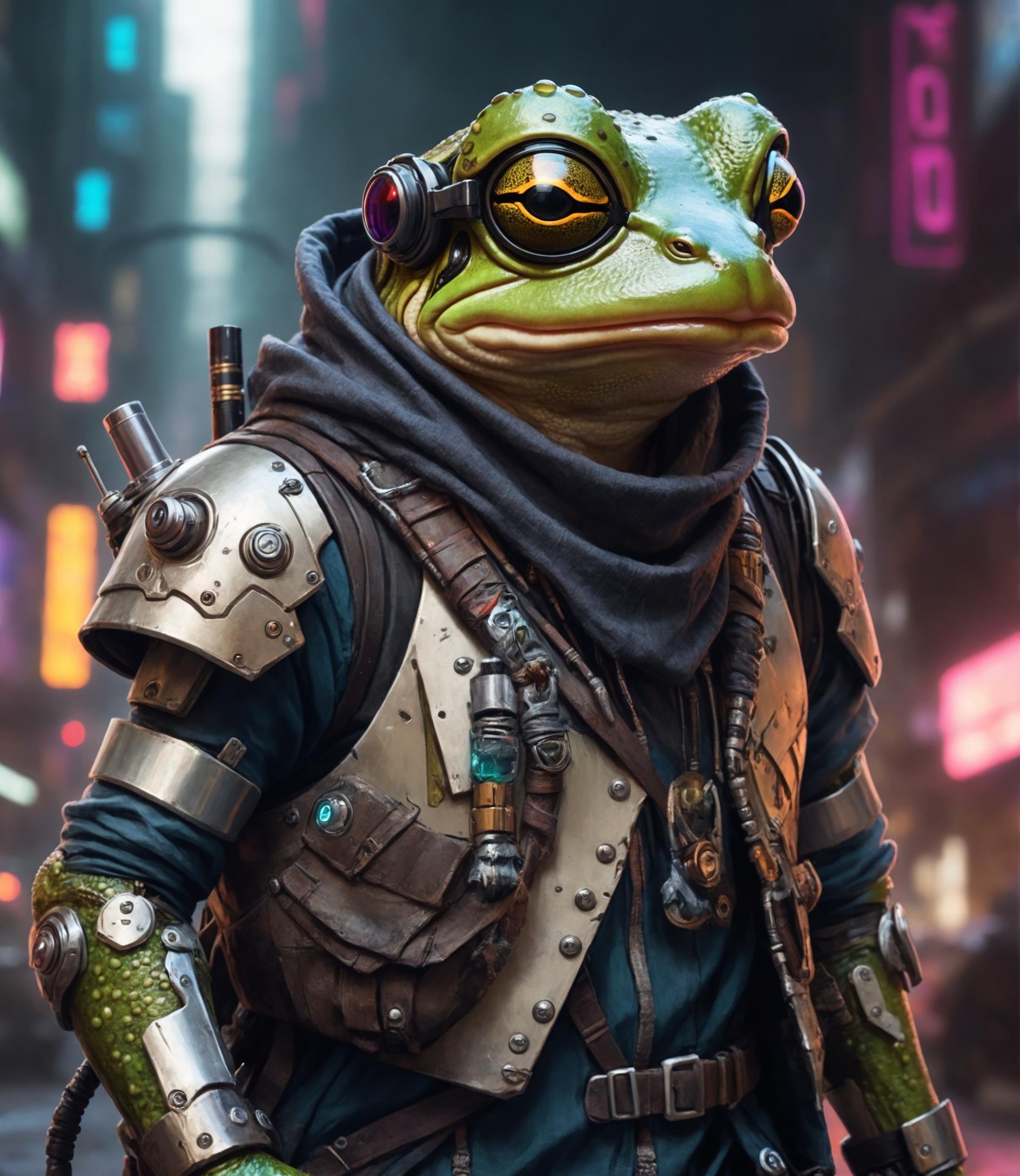 a cyberpunk frog, hipster, battle mage, cyberpunk armor