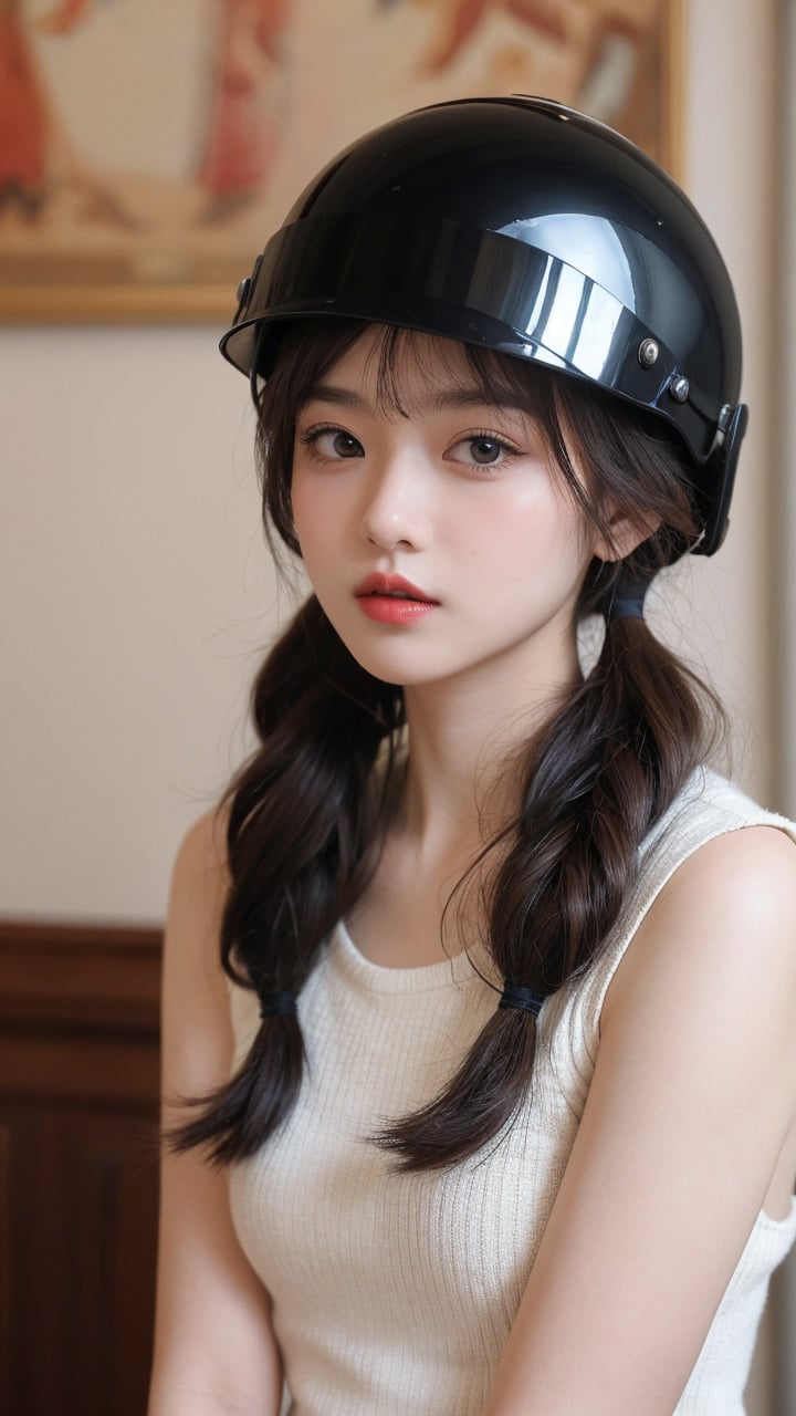 1girl,solo,twintails,looking at viewer,brown hair,indoors,holding,brown eyes,blurry background,bangs,blurry,parted lips,helmet,long hair,red lips,hat,