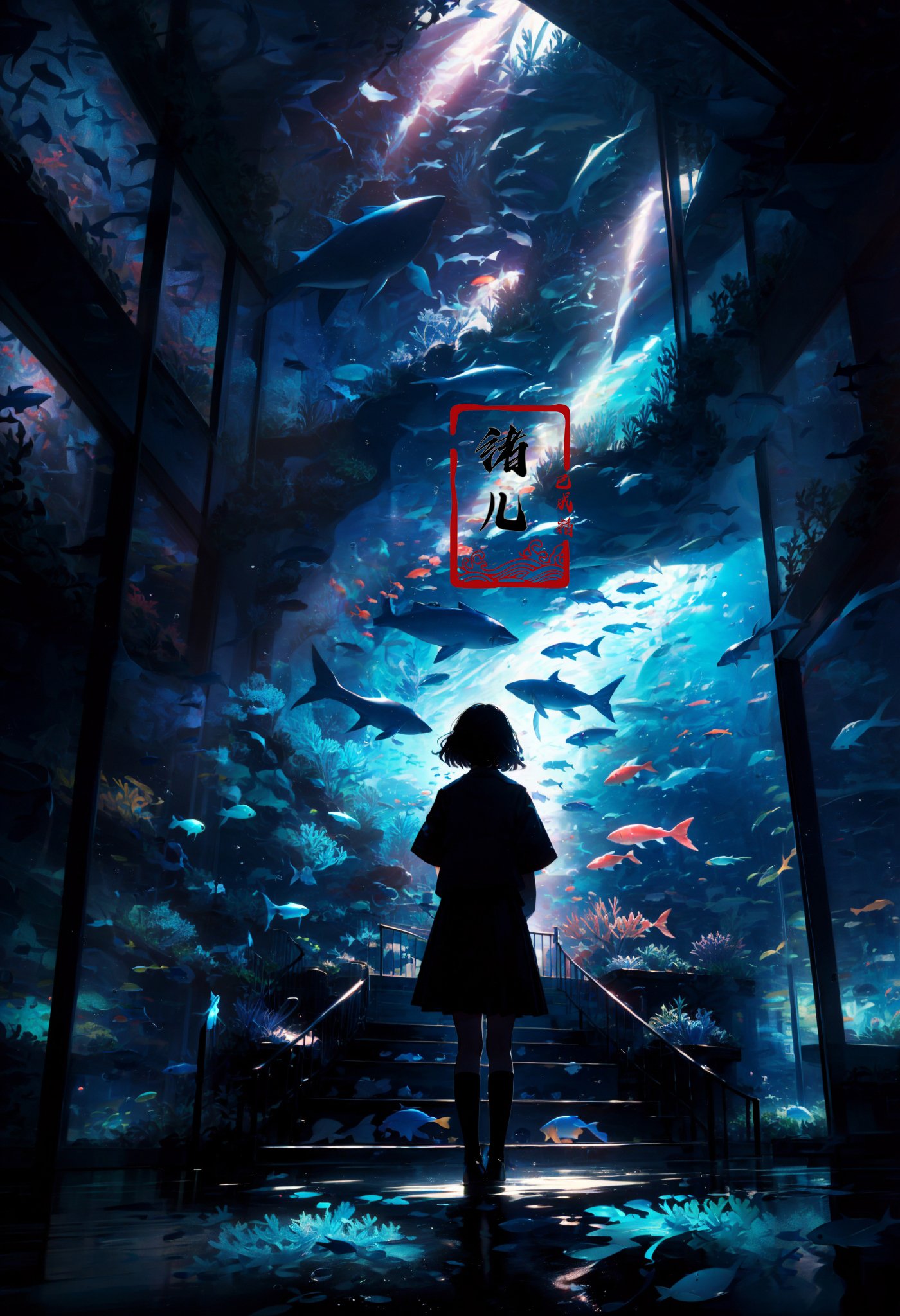 1girl, fish, stairs, scenery, solo, skirt, railing, black hair, standing, school uniform, short hair, aquarium, underwater, serafuku, black skirt, wide shot, jellyfish, shoes, pleated skirt, bubble, from behind, coral, facing away, shirt, socks,<lora:绪儿-海底世界 Underwater world:0.8>