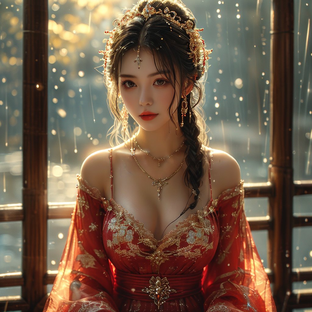 AncheReddressgirl,1girl,solo,jewelry,dress,hair ornament,necklace,rain,upper body,best quality,masterpiece,original,best quality,highly detailed,