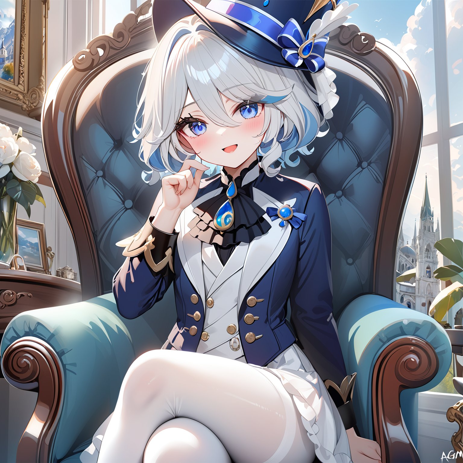 masterpiece,best quality,1girl,solo,furina \(genshin impact\),hat,sitting,smile,crossed_legs,short_hair,open_mouth,looking_at_viewer,bangs,blush,jewelry,chair,pantyhose,frills,white_pantyhose,eyes_visible_through_hair,ribbon,red_ribbon,hand_up,[[chen bin]],[omone hokoma agm],torino aqua,