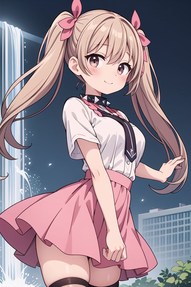 insanely detailed, absurdres, ultra-highres, ultra-detailed, best quality,1girl, solo, nice hands, perfect handsBREAKjirai kei,thighhighs, skirt, twintails, pink skirt, collar, bow, black thighhighs, black bow, long hair, pink bow, hair bow, spiked collar, (nsfw:-1.5)BREAKhappy smile, laugh, closed mouthBREAK,standing, cowboy shot, looking at viewerBREAKslender, kawaii, perfect symmetrical face, ultra cute girl, ultra cute face, ultra detailed eyes, ultra detailed hair, ultra cute, ultra beautifulBREAKshibuya, akihabara, tokyo, street, crowd, cityscape, depth of field, ultra detailed backgroundBREAKmedium large breastsBREAKbrown hair, brown eyes, waterfall braids, hair between eyes