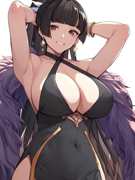 1girl, eve \(stellar blade\), solo, long hair, looking at viewer, smile, black hair, hair ornament, white background, cleavage, jewelry, bare shoulders, very long hair, brown eyes, ponytail, earrings, blunt bangs, armpits, black dress, huge breasts, arms up, bracelet, covered navel, halterneck, criss-cross halter, halter dress, feather boa, sensitive,very aesthetic,absurdres,newest,masterpiece,score_9,score_8_up,score_7_up,score_6_up,score_5_up,score_4_up,