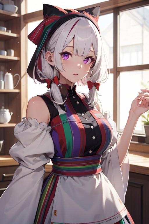 polish dress, striped, apron, upper body, wide sleeves, hair over shoulder, purple eyes, hair bow, rose, white hair, multicolored clothes, <lora:0f09cd45-c7f7-4780-9a03-b8a5a885510f:0.7>