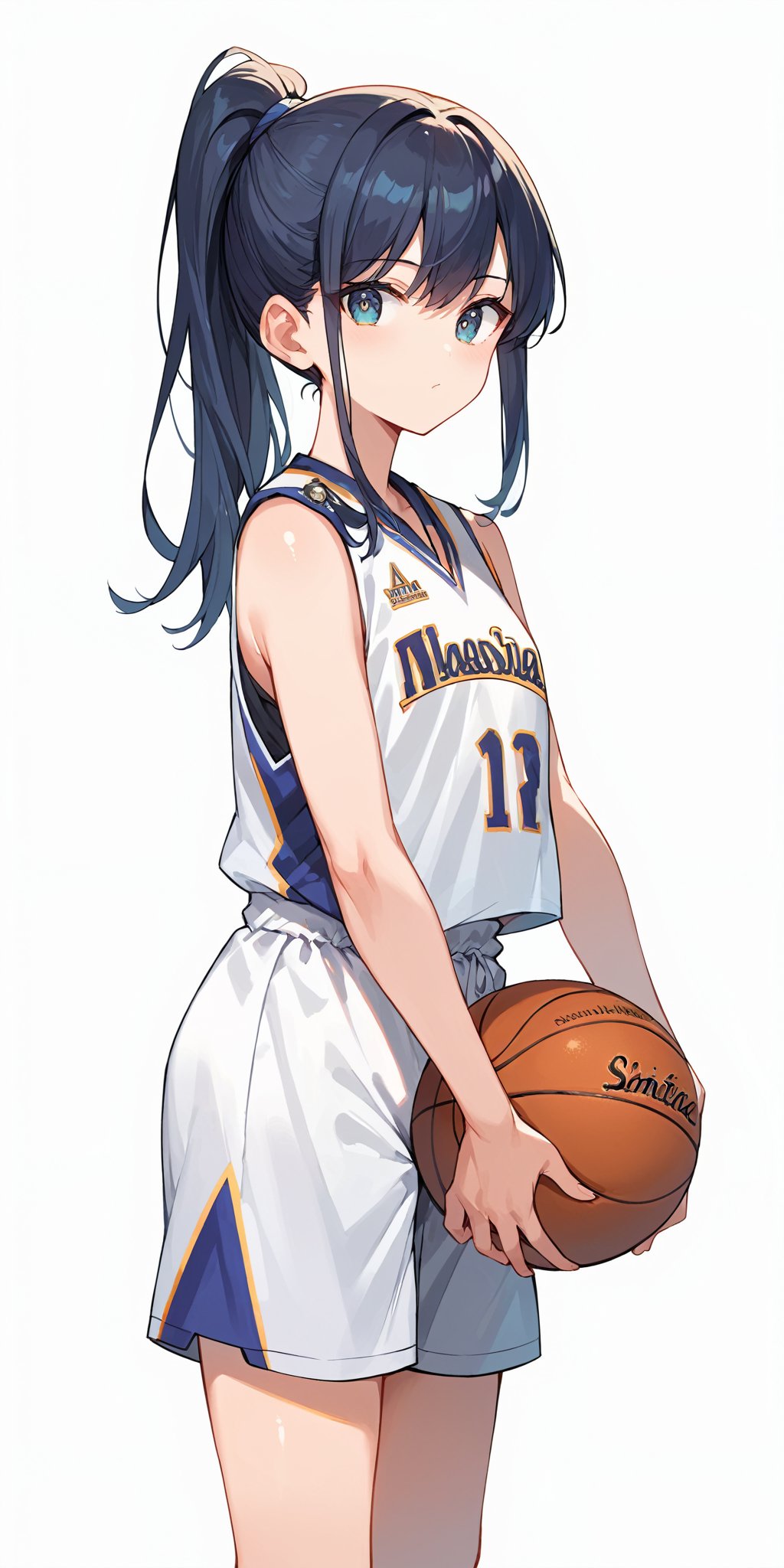 score_9, score_8_up, score_7_up,(source_anime, high res image:1),masterpiece,best quality,girl,cute face,clear skin,shiny hair,ultra detailed eyes,simple background,  <lora:basketball uniform_pony_V1.0:0.7> basketball uniform,ponytail,shootting