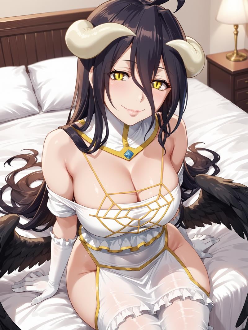 score_9, score_8_up, score_7_up, score_6_up, score_5_up, score_4_up, albedo_White_dress_Off-shoulder_dress_Detached_collar, albedoo, solo, large_breasts, looking_at_viewer, cleavage, ahoge, demon_horns, closed_mouth, lips, smile, head_tilt, elbow_white_gloves, black_demon_wings, low_wings, jewerly, spider_web, gold_silk, frilled_dress, hip_vent, thighs, wide_hips, legs_together, long_dress, arm_support, full_face, sitting, from_above, indoors, on_bed, red_bedsheet, blurry_background, <lora:ALBEDO_V1sdxl:1>