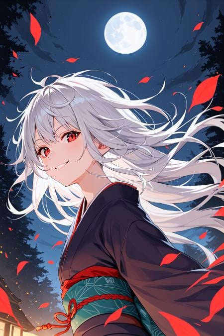 score_9,  best quality,dynamic,from below,1girl,white hair,red eyes,kimono,evil smile,nature,messy hair,night,moon,wind,from side,looking at viewer